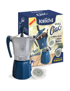 Bicolore bleu et blanc, « moka » et « ciao », avec une boîte.