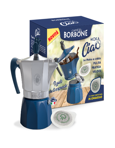 Bicolore bleu et blanc, « moka » et « ciao », avec une boîte.